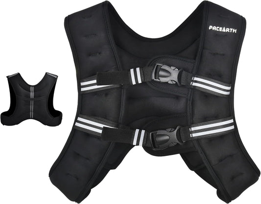 Weighted vest with adjustable straps and reflective stripes, available in 6-30lbs, for enhanced workout comfort and safety.